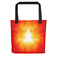 Load image into Gallery viewer, Living Light Designs All over Tote Bag printed with a unique and vivid "LOTUS BORN" design.