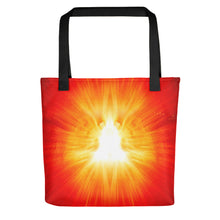 Load image into Gallery viewer, Living Light Designs All over Tote Bag printed with a unique and vivid "LOTUS BORN" design.