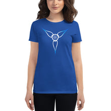 Load image into Gallery viewer, Living Light Designs Logo printed on a women’s T shirt with a unique and vivid “Flower Light” design. Star Tetrahedron spins in 3D at the center of all creation. available in many colors