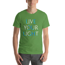 Load image into Gallery viewer, Living Light Designs Men’s T shirt printed with a unique and vivid "LIVE YOUR LIGHT" design. available in many colors