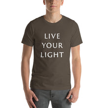 Load image into Gallery viewer, Living Light Designs Men’s T shirt printed with a unique and vivid "LIVE YOUR LIGHT" design. available in many colors