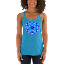 Load image into Gallery viewer, Living Light Designs Womens Racer Tank top shirt printed with a unique and vivid "I"" design. Star Tetrahedron spins in 3D at the center of all creation. available in many colors