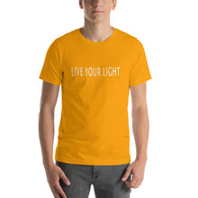 Load image into Gallery viewer, Living Light Designs Men’s T shirt printed with a unique and vivid "LIVE YOUR LIGHT" design. available in many colors