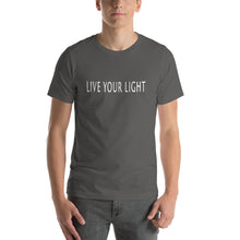 Load image into Gallery viewer, Living Light Designs Men’s T shirt printed with a unique and vivid "LIVE YOUR LIGHT" design. available in many colors