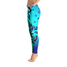 Load image into Gallery viewer, Women's Leggings. vivid beautiful bright blue and aqua green design. Water and Light Beams. bubbles. underwater photography. Mermaid Spirit