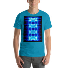 Load image into Gallery viewer, Men's T shirt printed with a unique and vivid  design. Beautiful underwater photography. Electric Blue and Black.
