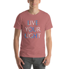 Load image into Gallery viewer, Living Light Designs Men’s T shirt printed with a unique and vivid "LIVE YOUR LIGHT" design. available in many colors