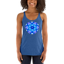 Load image into Gallery viewer, Living Light Designs Womens Racer Tank top shirt printed with a unique and vivid "I"" design. Star Tetrahedron spins in 3D at the center of all creation. available in many colors