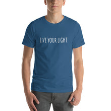 Load image into Gallery viewer, Living Light Designs Men’s T shirt printed with a unique and vivid "LIVE YOUR LIGHT" design. available in many colors