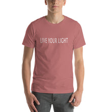 Load image into Gallery viewer, Living Light Designs Men’s T shirt printed with a unique and vivid "LIVE YOUR LIGHT" design. available in many colors