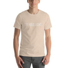 Load image into Gallery viewer, Living Light Designs Men’s T shirt printed with a unique and vivid "LIVE YOUR LIGHT" design. available in many colors