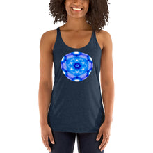 Load image into Gallery viewer, Living Light Designs Womens Racer Tank top shirt printed with a unique and vivid "I"" design. Star Tetrahedron spins in 3D at the center of all creation. available in many colors