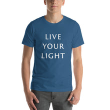 Load image into Gallery viewer, Living Light Designs Men’s T shirt printed with a unique and vivid "LIVE YOUR LIGHT" design. available in many colors