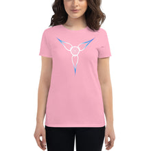 Load image into Gallery viewer, Living Light Designs Logo printed on a women’s T shirt with a unique and vivid “Flower Light” design. Star Tetrahedron spins in 3D at the center of all creation. available in many colors