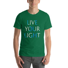 Load image into Gallery viewer, Living Light Designs Men’s T shirt printed with a unique and vivid "LIVE YOUR LIGHT" design. available in many colors