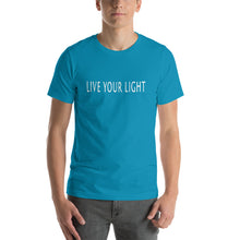 Load image into Gallery viewer, Living Light Designs Men’s T shirt printed with a unique and vivid "LIVE YOUR LIGHT" design. available in many colors