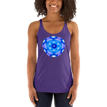Load image into Gallery viewer, Living Light Designs Womens Racer Tank top shirt printed with a unique and vivid "I"" design. Star Tetrahedron spins in 3D at the center of all creation. available in many colors