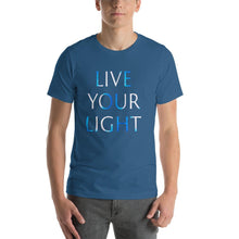 Load image into Gallery viewer, Living Light Designs Men’s T shirt printed with a unique and vivid "LIVE YOUR LIGHT" design. available in many colors