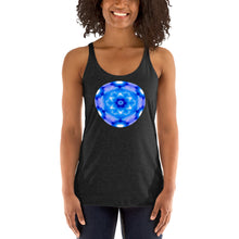 Load image into Gallery viewer, Living Light Designs Womens Racer Tank top shirt printed with a unique and vivid "I"" design. Star Tetrahedron spins in 3D at the center of all creation. available in many colors