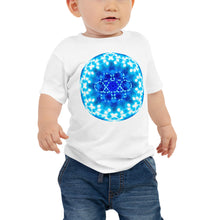 Load image into Gallery viewer, Baby T shirt printed with a unique and vivid blue mandala "Angel Choir 1" design.