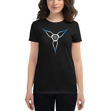 Load image into Gallery viewer, Living Light Designs Logo printed on a women’s T shirt with a unique and vivid “Flower Light” design. Star Tetrahedron spins in 3D at the center of all creation. available in many colors
