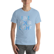 Load image into Gallery viewer, Living Light Designs Men’s T shirt printed with a unique and vivid "LIVE YOUR LIGHT" design. available in many colors