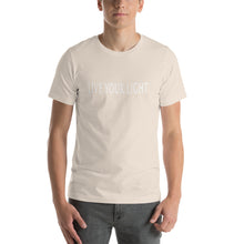 Load image into Gallery viewer, Living Light Designs Men’s T shirt printed with a unique and vivid "LIVE YOUR LIGHT" design. available in many colors