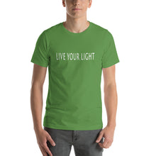Load image into Gallery viewer, Living Light Designs Men’s T shirt printed with a unique and vivid "LIVE YOUR LIGHT" design. available in many colors