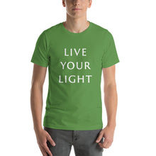 Load image into Gallery viewer, Living Light Designs Men’s T shirt printed with a unique and vivid "LIVE YOUR LIGHT" design. available in many colors