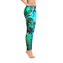 Load image into Gallery viewer, Women's Leggings. vivid beautiful bright blue and aqua green design. Water and Light Beams. bubbles. underwater photography. Mermaid Spirit
