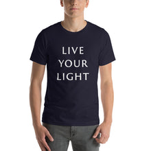 Load image into Gallery viewer, Living Light Designs Men’s T shirt printed with a unique and vivid "LIVE YOUR LIGHT" design. available in many colors