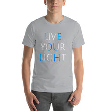 Load image into Gallery viewer, Living Light Designs Men’s T shirt printed with a unique and vivid "LIVE YOUR LIGHT" design. available in many colors
