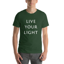 Load image into Gallery viewer, Living Light Designs Men’s T shirt printed with a unique and vivid "LIVE YOUR LIGHT" design. available in many colors