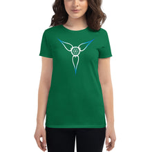 Load image into Gallery viewer, Living Light Designs Logo printed on a women’s T shirt with a unique and vivid “Flower Light” design. Star Tetrahedron spins in 3D at the center of all creation. available in many colors