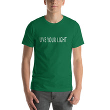 Load image into Gallery viewer, Living Light Designs Men’s T shirt printed with a unique and vivid "LIVE YOUR LIGHT" design. available in many colors
