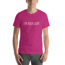 Load image into Gallery viewer, Living Light Designs Men’s T shirt printed with a unique and vivid "LIVE YOUR LIGHT" design. available in many colors