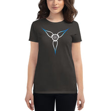 Load image into Gallery viewer, Living Light Designs Logo printed on a women’s T shirt with a unique and vivid “Flower Light” design. Star Tetrahedron spins in 3D at the center of all creation. available in many colors