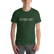 Load image into Gallery viewer, Living Light Designs Men’s T shirt printed with a unique and vivid "LIVE YOUR LIGHT" design. available in many colors