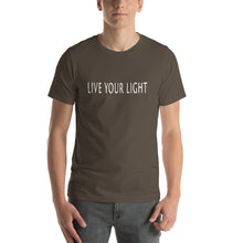 Load image into Gallery viewer, Living Light Designs Men’s T shirt printed with a unique and vivid "LIVE YOUR LIGHT" design. available in many colors