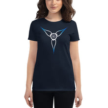 Load image into Gallery viewer, Living Light Designs Logo printed on a women’s T shirt with a unique and vivid “Flower Light” design. Star Tetrahedron spins in 3D at the center of all creation. available in many colors