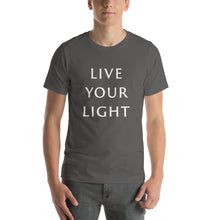 Load image into Gallery viewer, Living Light Designs Men’s T shirt printed with a unique and vivid "LIVE YOUR LIGHT" design. available in many colors
