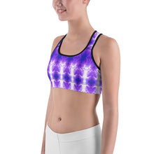 Load image into Gallery viewer, Women’s Sports Bra. Beautiful white and purple pattern. Live Your Light