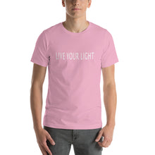 Load image into Gallery viewer, Living Light Designs Men’s T shirt printed with a unique and vivid "LIVE YOUR LIGHT" design. available in many colors