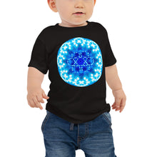 Load image into Gallery viewer, Baby T shirt printed with a unique and vivid blue mandala "Angel Choir 1" design