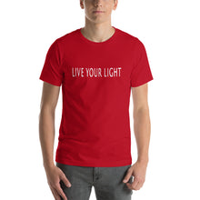 Load image into Gallery viewer, Living Light Designs Men’s T shirt printed with a unique and vivid "LIVE YOUR LIGHT" design. available in many colors