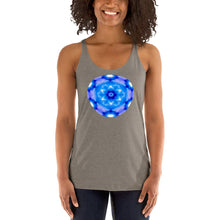 Load image into Gallery viewer, Living Light Designs Womens Racer Tank top shirt printed with a unique and vivid "I"" design. Star Tetrahedron spins in 3D at the center of all creation. available in many colors