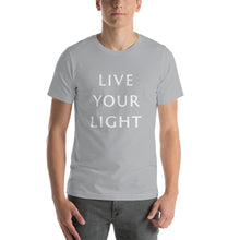 Load image into Gallery viewer, Living Light Designs Men’s T shirt printed with a unique and vivid "LIVE YOUR LIGHT" design. available in many colors