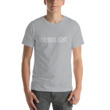 Load image into Gallery viewer, Living Light Designs Men’s T shirt printed with a unique and vivid "LIVE YOUR LIGHT" design. available in many colors