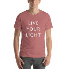 Load image into Gallery viewer, Living Light Designs Men’s T shirt printed with a unique and vivid "LIVE YOUR LIGHT" design. available in many colors