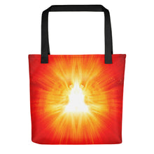 Load image into Gallery viewer, Living Light Designs All over Tote Bag printed with a unique and vivid &quot;LOTUS BORN&quot; design.